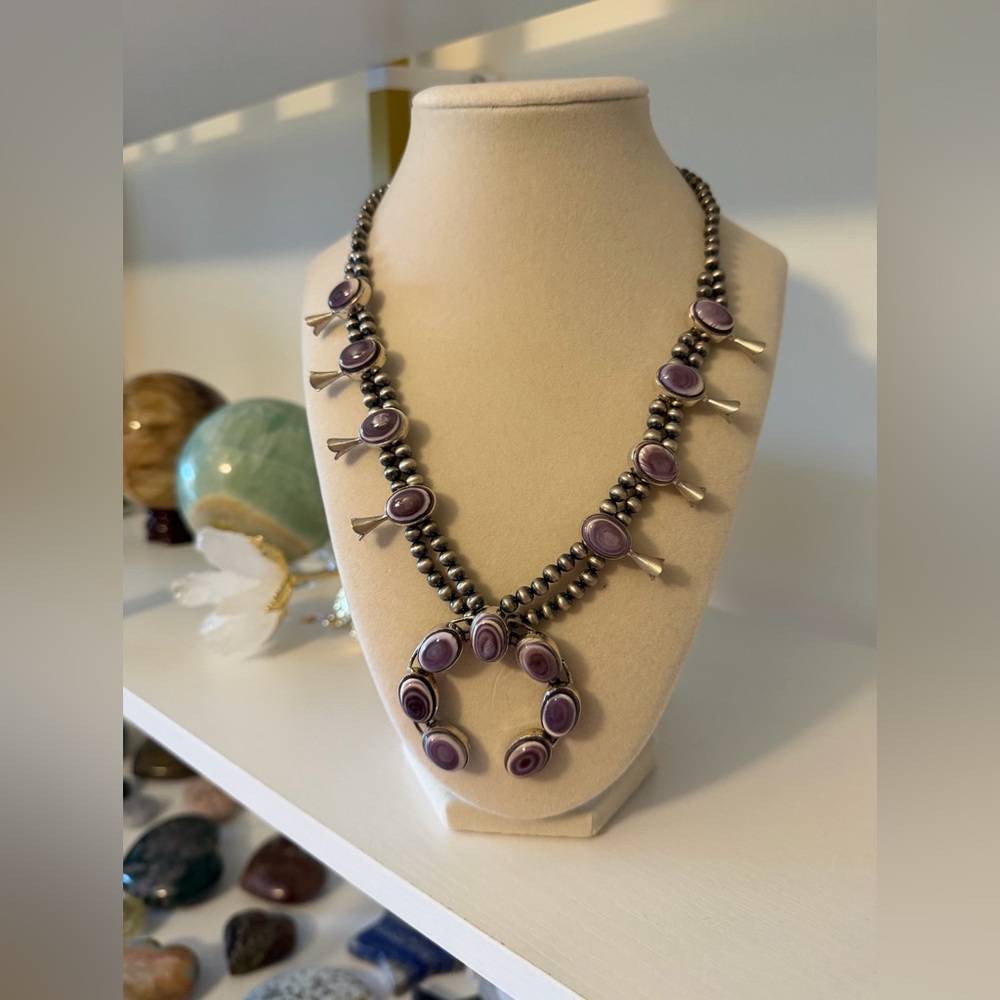 Rare Purple Wampum & Sterling Silver Squash Blossom Necklace